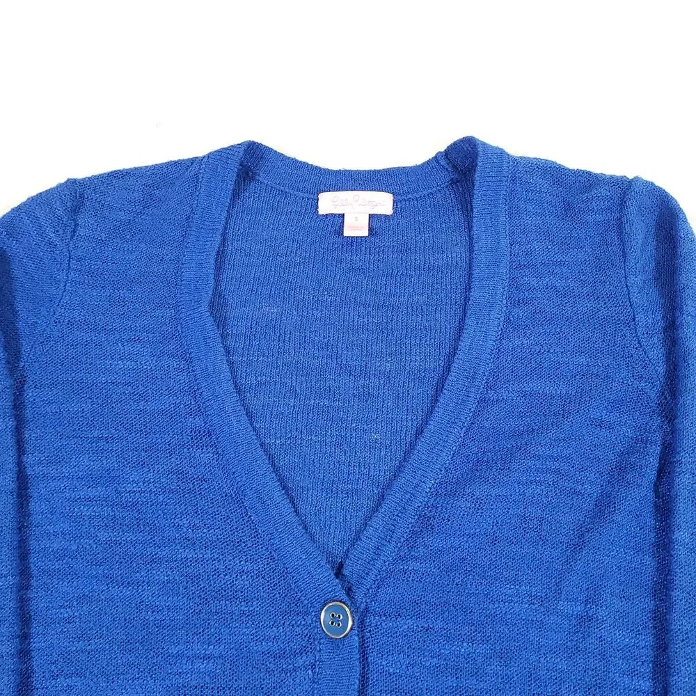 Lilly Pulitzer Knit Cardigan Electric Blue S sweater Ramie enamel buttons preppy